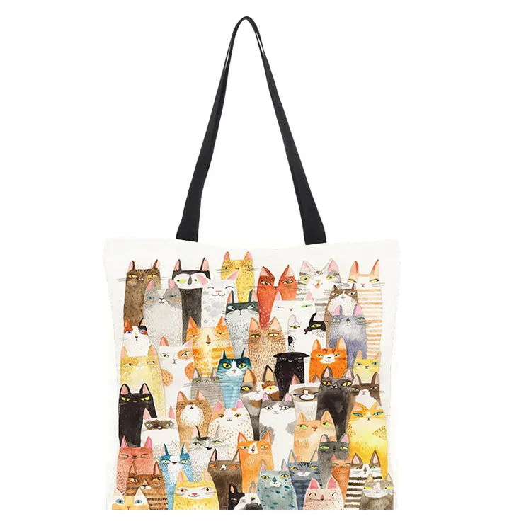 High-definition Digital Printing Cute Cat Pattern Linen Tote Bag Eco-friendly Sackcloth Shopping Bags