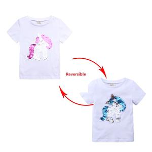 T-shirt à manches courtes pour filles, vêtements pour bébés en coton, hauts à changement de couleur, vêtements à paillettes réversibles magiques pour enfants, t-shirts pour enfants - Product Image 4