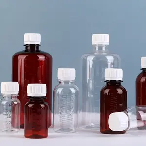 Botella vacía de plástico con etiqueta OEM personalizada, frasco para pastilla líquida de grado farmacéutico, transparente, color ámbar, para sirope de la tos, 50ml-500ml