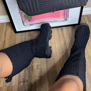 Trendy <b>Round</b> <b>Toe</b> Flat Square <b>Heel</b> Shoes Women's Plush Long Boots Soft Knee High Booties Flats With on - Product Image 3