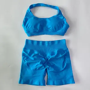 Ohne Logo 2-teiliges Set Damen Einfarbiger Nahtloser Yoga Workout Neckholder Sport-BH Geraffte Shorts Schnelltrocknende Fitness Sportbekleidung - Product Image 3