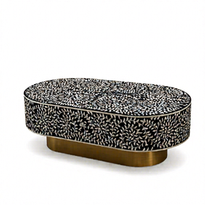 Mesa de Centro Moderna de Madera ShaizDigital con Incrustaciones de Hueso y Base de Aluminio, Forma Ovalada, Muebles para Sala de Estar - Product Image 1