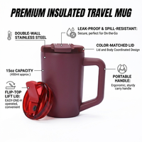 Vente en gros OEM – Tasse isotherme à double paroi en acier inoxydable de 15 oz avec poignée et couvercle à rabat assorti