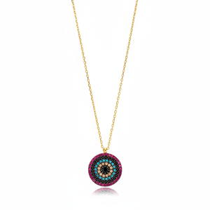 Colgante de Plata de Ley 925 Bañado en Oro con Diseño de Ojo Redondo y Circonitas, Hecho a Mano en Turquía - Product Image 2