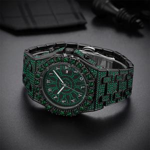 Hoge Kwaliteit Zwart Metaal Kleur Lichtgevende Waterdichte Kalender Met Volledig Groene Strass Arabische Schaal Hiphop Heren Quartz Horloge - Product Image 4