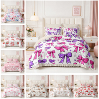 Parure de lit 7 pièces pour filles Princesse à volants, motif nœud et cœur rose et violet, avec couette, drap plat et drap-housse