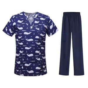 Cartoon Print Nurse Uniform V-Neck Short Sleeve Top Cotton Unisex Hospital Scrubs Work <b>Clothes</b> Gray Patterned Design - Product Image 4