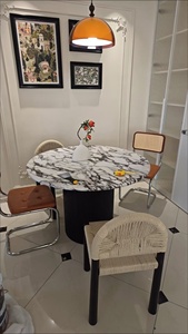 French marble stone tabletop cream-style full-bottom dining <b>table</b> elegant retro round design ideal for <b>small</b> homes - Product Image 5