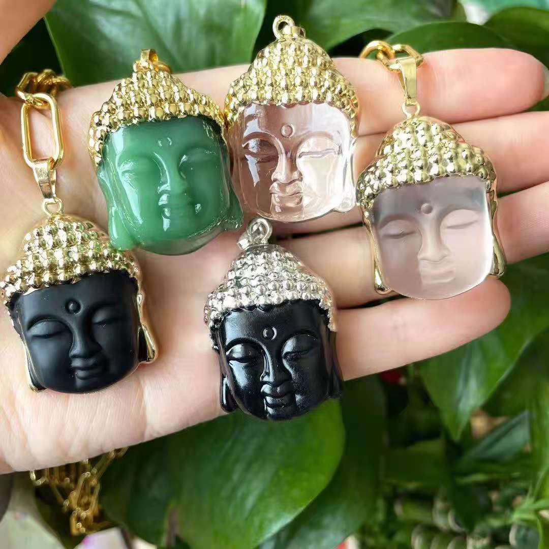 仏教黄金仏ペンダント マニ彫刻 アイスオブシディアン グリーン