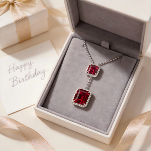 S925 Sterling Silver Lab-Created <b>Ruby</b> Pendant <b>Necklace</b>, Cushion Cut, 12×14 & 10×10 Stones, Rhodium Plated, Item No. ZHF-P1411R V - Product Image 2