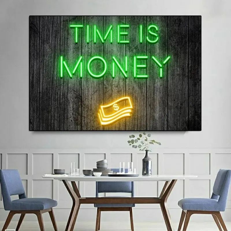 Neon Effect Wall Art Mural Time Is Money Cartoon Inspirational Quotes Poster Print Abstract Dollar Canvas Painting Home Decor