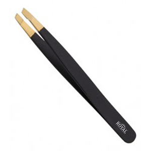 Pinzas de pestañas de acero inoxidable dorado y negro de la mejor calidad al por mayor pinzas de cejas con punta de volumen real inclinada Etiqueta Privada - Product Image 2