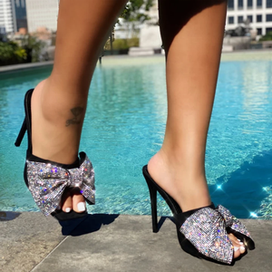 Sandales à talons hauts personnalisées avec nœud papillon en strass pour filles, chaussures fantaisie d'été à bout carré, grandes tailles 43 - Product Image 4