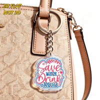 Porte-clés en acrylique imprimé UV, motif 'Économisez l'eau, buvez de la tequila', citation amusante pour fête, design verre à vin et feuille, breloque de bar humoristique, pendentif transparent