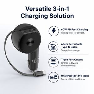 <span class=keywords><strong>Chargeur</strong></span> de voiture multifonction 3-en-1 60W avec câble de charge rapide USB C <span class=keywords><strong>30W</strong></span> pour <span class=keywords><strong>iPhone</strong></span> 17/16/15/<span class=keywords><strong>13</strong></span>/12/S22/S23/S24 - Product Image 1