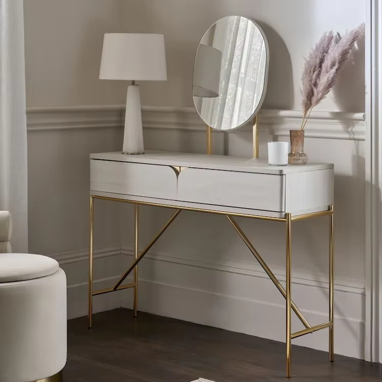 Elegant Oak Effect Console Dressing Table with Gold Metal Work Vanity Table  with 2 Drawers and Metal Bedroom Makeup Table| Alibaba.com