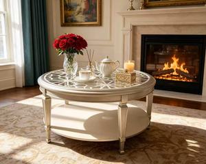 Champagne <b>Gold</b> <b>Round</b> Glass Coffee <b>Table</b> with Geometric Lattice Top & Lower Shelf - Product Image 4