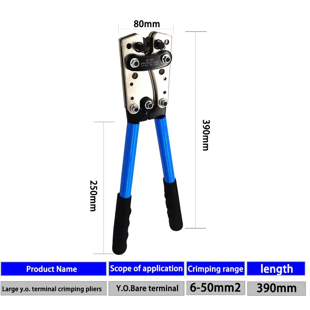 HX-50B 10-0AWG 6-50mm 육각 와이어 압착 플라이어 블루 컬러 배터리 케이블 압착 도구 60PCS 비 절연 케이블 러그