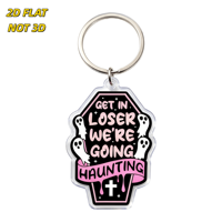 Porte-clés en acrylique en forme de cercueil, motif 'Get in Loser We're Going Haunting with Ghosts & Cross', rose/noir, breloque humoristique effrayante