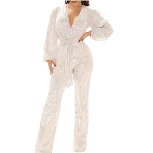 Combinaison sexy de soirée haut de gamme pour femme, à sequins, col en V profond, manches longues - Product Image 5