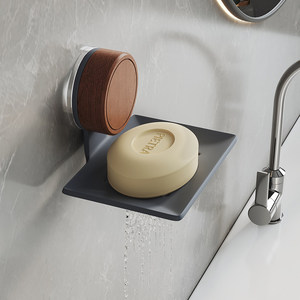 Support mural porte-savon en bois avec plateau auto-drainant à ventouse, design minimaliste pour salle de bain - Product Image 4