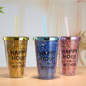Glitter Plastic <b>Straw</b> <b>Cup</b> 450ml Electroplated <b>Lid</b> Happy Hour Design Party Drinkware - Product Image 1