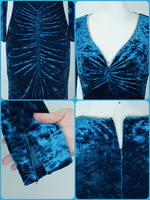 Robe de soirée sirène en velours bleu paon, taille naturelle, anti-plis, manches longues, col en V orné de strass, froncée, longueur maxi