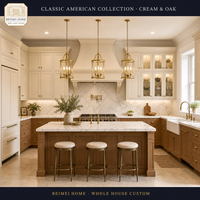 Meubles de cuisine sur mesure pour toute la maison, style Shaker américain, panneaux surélevés, crème en haut, chêne en bas, quincaillerie laiton, plan de travail en marbre, fabrication OEM