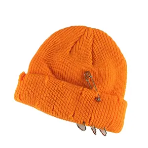 Wholesale popular unisex acrylic colorful pin ring college football short winter hat custom logo distressed neon orange beanies