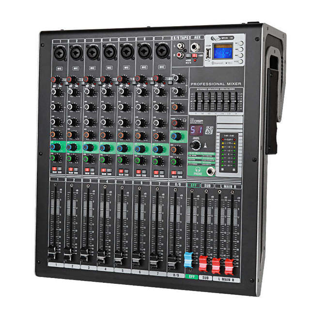 COKYIS BE-9D Professional 9-Channel DJ Amplifier Mixer 99 Digital Effects EQ BT MP3 High-Power Stage Mixing Console (Metal) LED