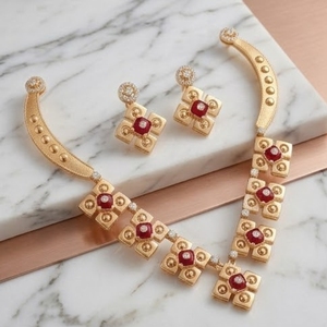 Conjunto de Collar de Plata 925 con Piedra Roja y Oro Italiano, con Pendientes a Juego, Joyería de Diseño para Mujer, Joyería Elegante de Moda - Product Image 2