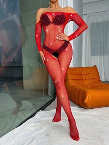 One Piece Thin Bodysuit Sex Hole <strong>Rhinestone</strong> <strong>Fishnet</strong> See Sheer <strong>Rhinestone</strong> Dancewear Mesh Through Sexy Diamond Teddy Lingerie - Product Image 5