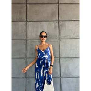 Blue White Patterned V-Neck Strappy <b>Jumpsuit</b> <b>Women</b> High Waist <b>Casual</b> Chiffon Sleeveless Breathable Street Wear - Product Image 2
