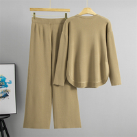 Conjunto de Loungewear de 2 Piezas para Mujer 2026, Tejido Acanalado, Top con Hombros Caídos y Dobladillo Dividido, Pantalones de Punto de Pierna Ancha, Atuendo Casual, OEM ODM Personalizado al por Mayor
