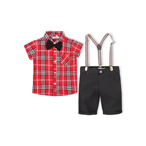 定制男童休闲格子短袖衬衫夏季男童短裤和衬衫套装2-10岁儿童