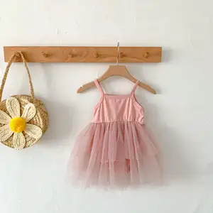 2024 Summer Infant Girl Clothes Sleeveless Square Collar Solid Color Mesh Bodysuit Dress Princess Overalls Baby Tutu Romper