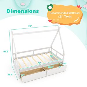 <span class=keywords><strong>Lit</strong></span> double moderne avec 2 tiroirs de rangement, structure en métal, style tente <span class=keywords><strong>Montessori</strong></span>, barrière de sécurité, <span class=keywords><strong>lit</strong></span> tipi bas écologique avec sommier à lattes en bois - Product Image 4