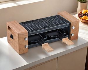 Mini-<span class=keywords><strong>raclette</strong></span> électrique avec poignée en bois, surface antiadhésive, collecteur d'huile amovible, contrôle mécanique de la température pour - Product Image 4