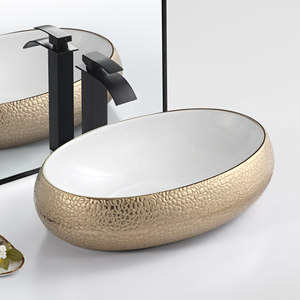 Forma ovale controsoffitto di lusso di colore dorato in porcellana a mano <span class=keywords><strong>lavabo</strong></span> da <span class=keywords><strong>bagno</strong></span> in ceramica WC Art lavello <span class=keywords><strong>ciotola</strong></span> - Product Image 1