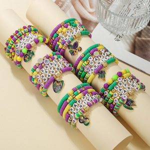 Mardi Gras Bracelet <b>Set</b> Polymer <b>Clay</b> Letter Beads Multi Layered Colorful Jewelry Gift Unisex Party Accessory - Product Image 2