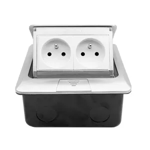 Aluminum Silver Panel French Standard Pop Up Double Floor Socket 2 Way Electrical Outlet