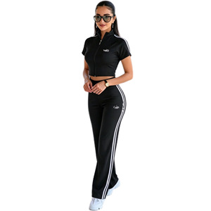 Y71652 Tracksuit Set Women <b>Zipper</b> Short Sleeve Crop <b>Top</b> With Stripes Pants Sportswear For Casual Workout Fitness Wear - Product Image 4