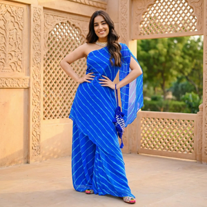 Blue Embellished <b>Sequined</b> Chinese Style Chiffon Breathable One-Shoulder Women's Kurta Set - Product Image 3