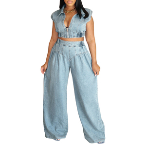 Canalizza i nuovi arrivi 2025 abbigliamento estivo in jeans da donna 2 pezzi senza maniche Top corto in Denim e pantaloni di jeans a gamba larga - Product Image 3