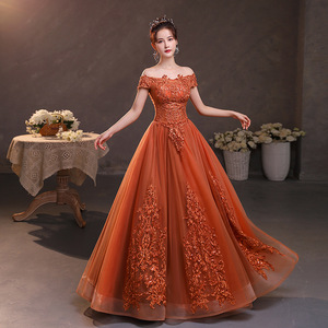 Off Shoulder Orange Evening Gown With Embroidery For Women Stage Performance Dress Long Puffy Skirt Formal Wear - Product Image 4