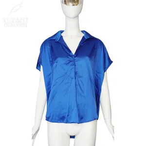 YuFan Blue Shiny Fabric Clothing Ladies Casual Short T-shirt Drop Shoulder Women's Blouse