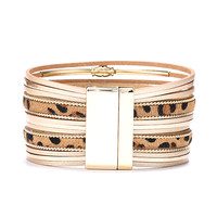 Bijoux bohèmes en crin de cheval fermoir magnétique Bracelet en cuir fait à la main multicouche Bracelet en cuir imprimé léopard pour femmes