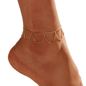 RINNTIN SA71 Boho bracciali cavigliera oro con nappa sandali estivi a strati piedi nudi gioielli da spiaggia per le donne e le ragazze adolescenti