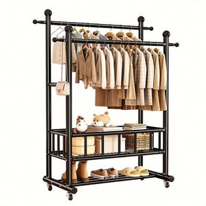 Perchero de Ropa Moderno de Metal con Doble Barra, 60, 80, 100, 120, 150 cm, 2 Estantes de Almacenamiento, 4 Ganchos, Resistente al Óxido, Móvil, para Dormitorio - Product Image 3