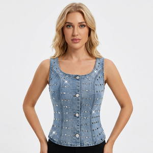 Denim Sleeveless Corset <b>Top</b> Rivet Decoration O-Neck Button Closure Eco-Friendly Breathable Elegant Sweet Style Spring Women's - Product Image 6